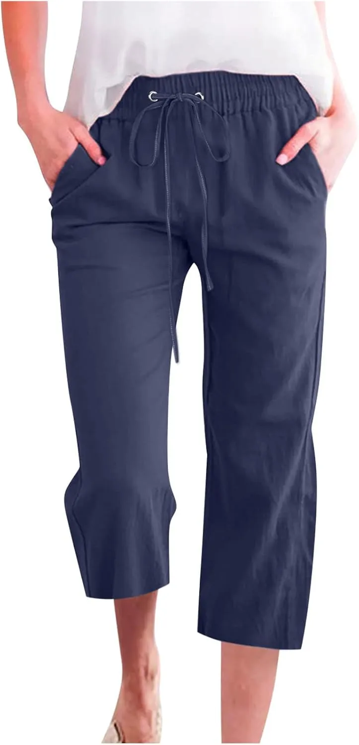 Early Prime of Day Deals 2024 Today Only Womens Plus Size Pants Trendy Daisy Print Summer Tulip Hem Casual Pants Elastic Waist Trouser Pants with Pockets, XX-Large, 02 Navy