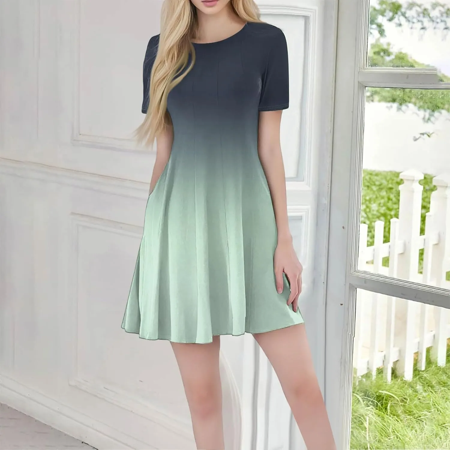 Empire Waist Dress for Women, Summer Mini Dresses Short Sleeve A Line Crew Neck Dress with Pockets Elegant Dresses