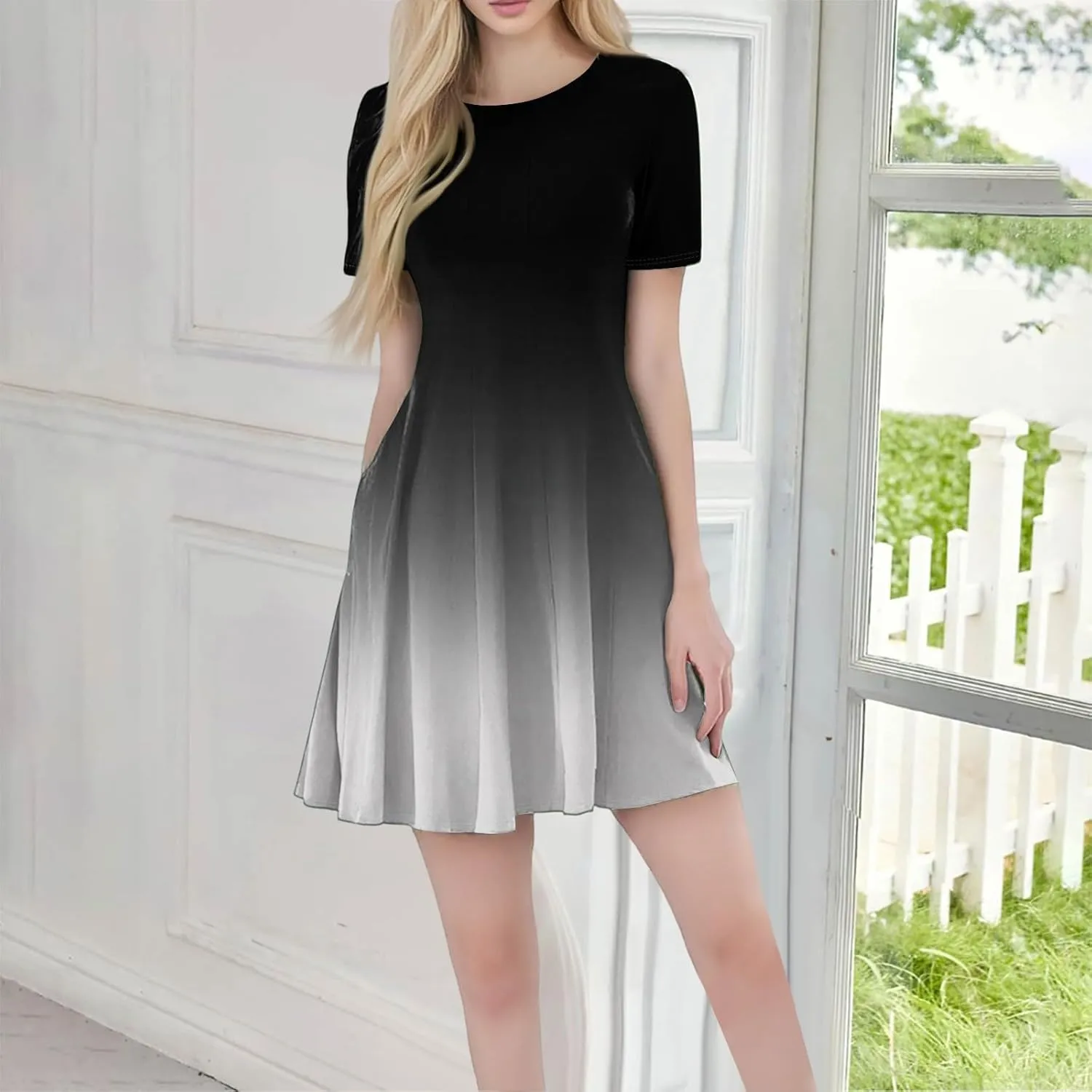 Empire Waist Dress for Women, Summer Mini Dresses Short Sleeve A Line Crew Neck Dress with Pockets Elegant Dresses