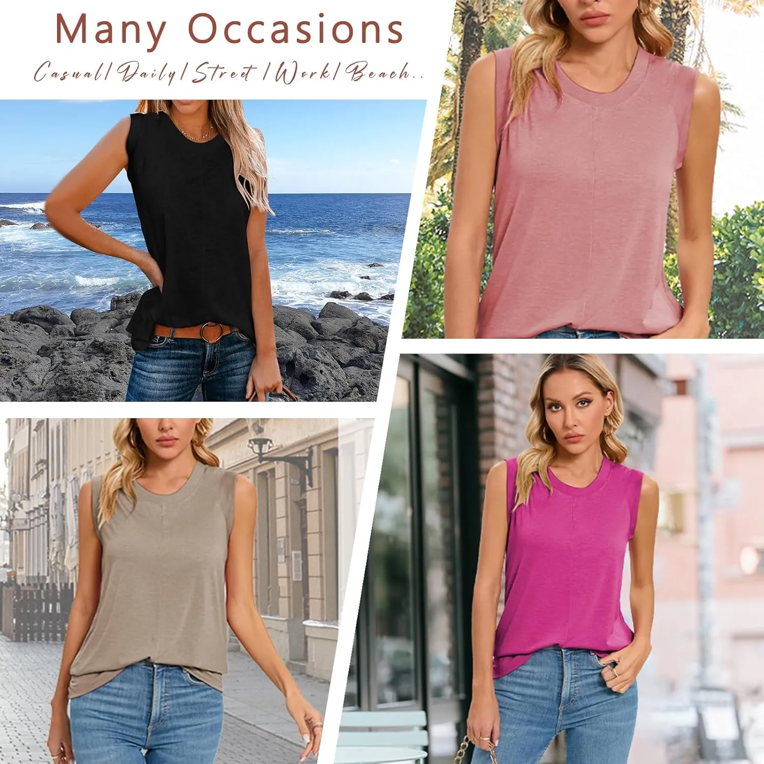 Famulily Casual Sleeveless Crewneck Tanks for Women Summer Loose Tank Tops Solid Color Basic Tunic Top