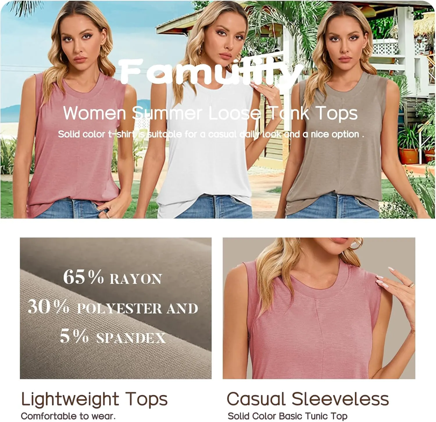 Famulily Casual Sleeveless Crewneck Tanks for Women Summer Loose Tank Tops Solid Color Basic Tunic Top