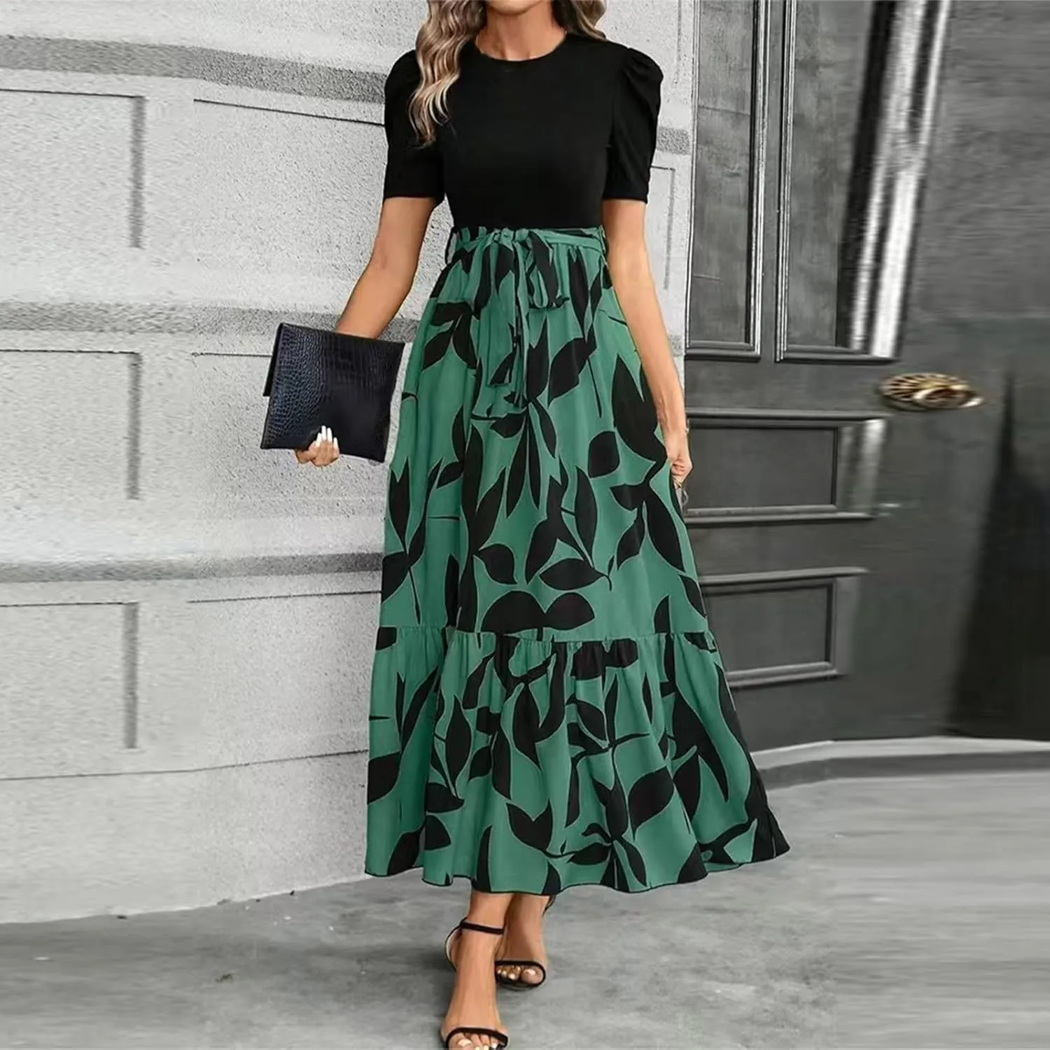 fanmpghleoo Summer Maxi Dresses for Women 2025 Short Sleeve Empire Waist Dress Flowy Beach Vacation Wrap A Line Midi Dresses