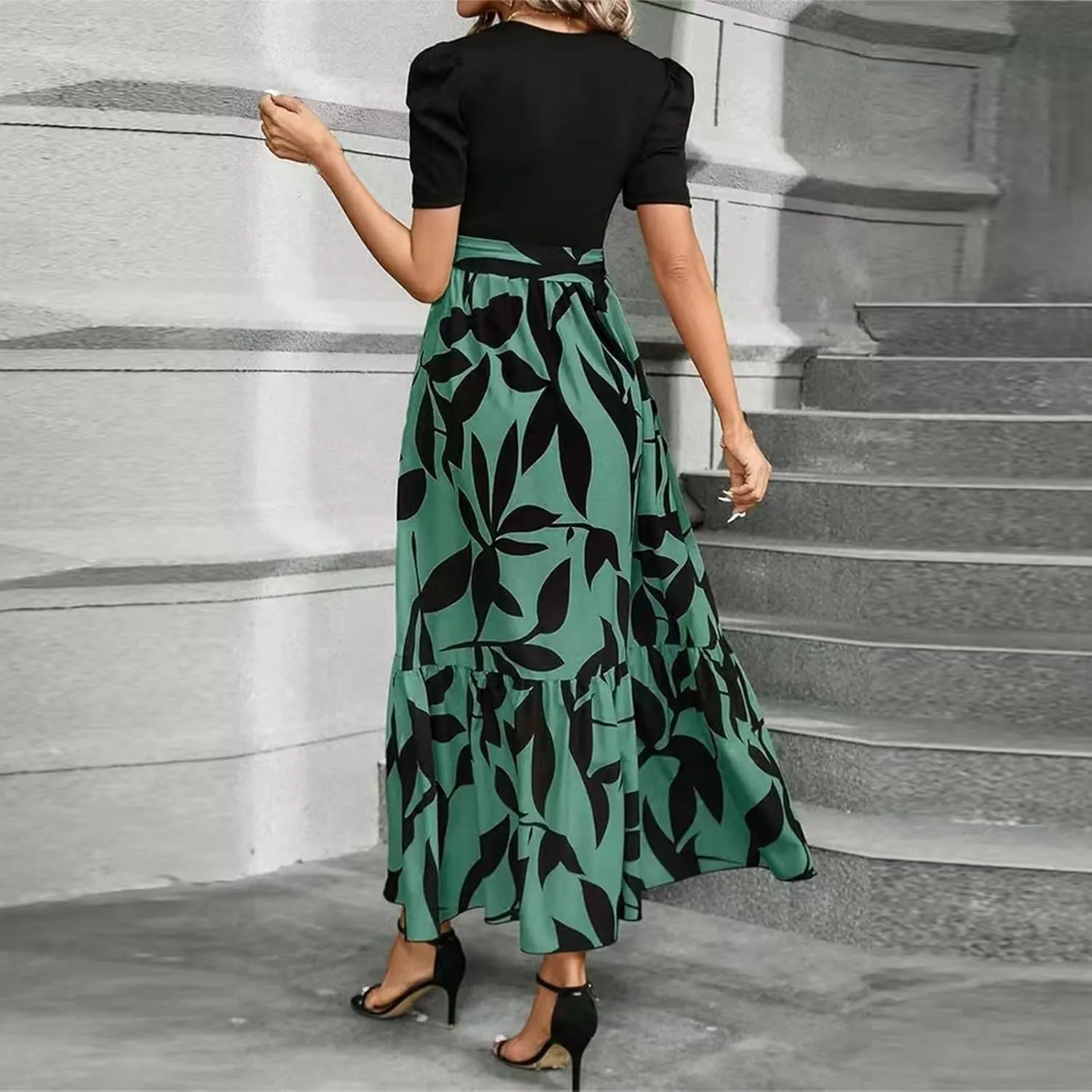 fanmpghleoo Summer Maxi Dresses for Women 2025 Short Sleeve Empire Waist Dress Flowy Beach Vacation Wrap A Line Midi Dresses