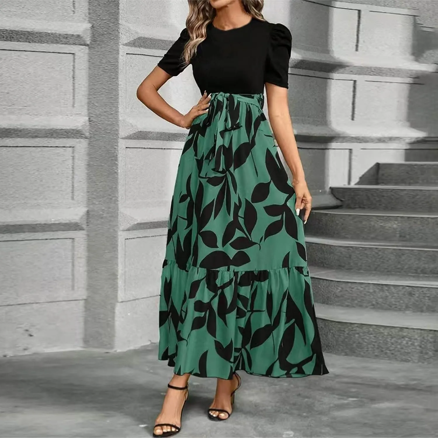 fanmpghleoo Summer Maxi Dresses for Women 2025 Short Sleeve Empire Waist Dress Flowy Beach Vacation Wrap A Line Midi Dresses
