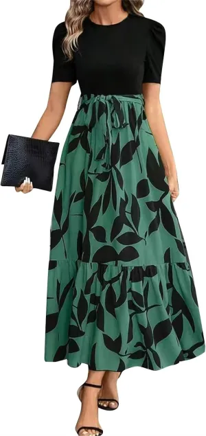 fanmpghleoo Summer Maxi Dresses for Women 2025 Short Sleeve Empire Waist Dress Flowy Beach Vacation Wrap A Line Midi Dresses