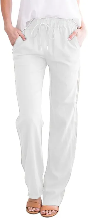 fartey Linen Pants Women Summer Casual Straight Leg Pants Drawstring Elastic High Waist Loose Comfy Trousers with Pockets