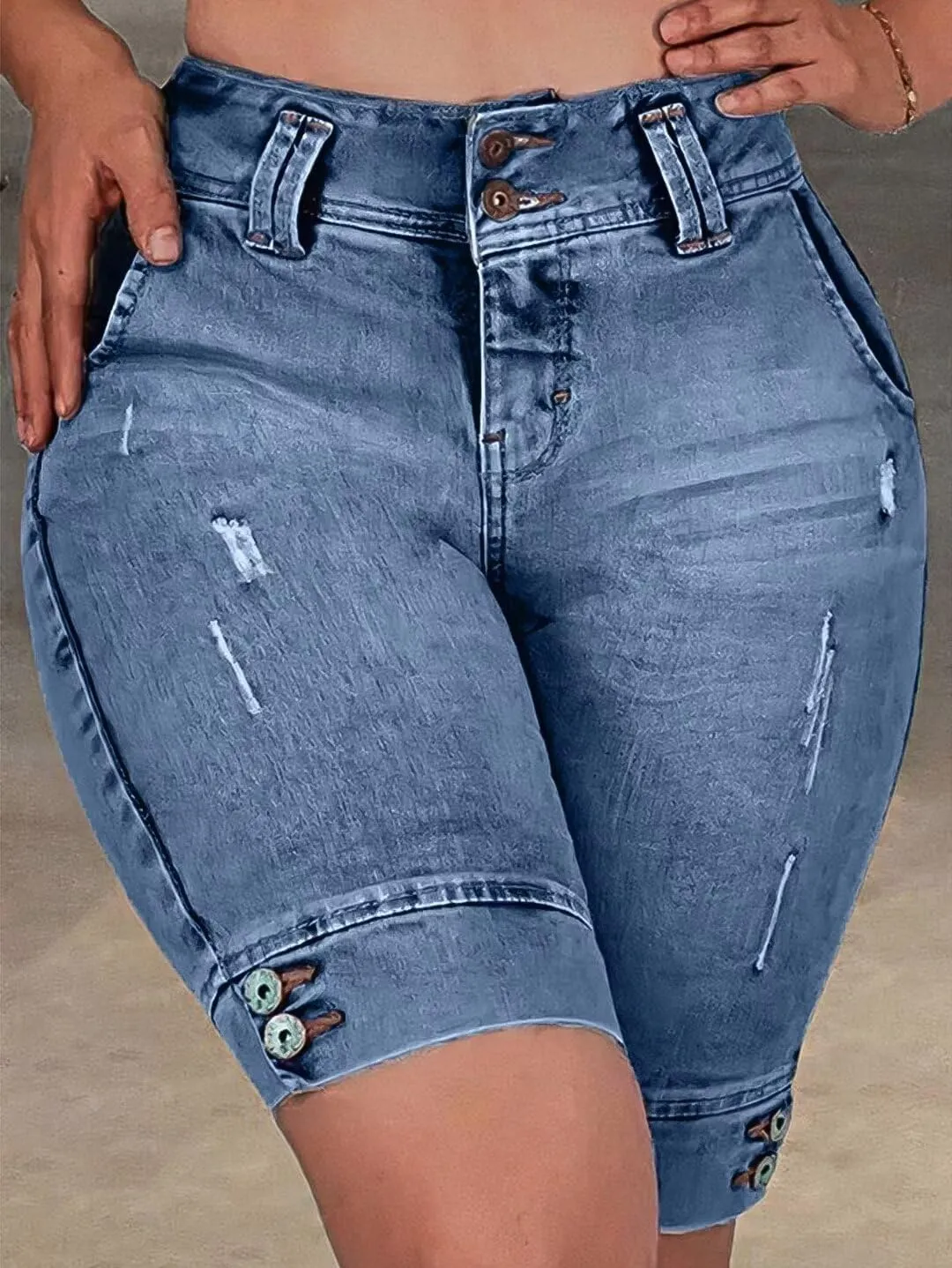 Flamingals High Waist Ripped Denim Bermuda Shorts for Women - Butt Lifting Skinny Shorts