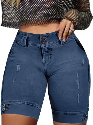 Flamingals High Waist Ripped Denim Bermuda Shorts for Women - Butt Lifting Skinny Shorts