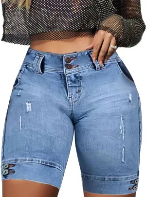 Flamingals High Waist Ripped Denim Bermuda Shorts for Women - Butt Lifting Skinny Shorts