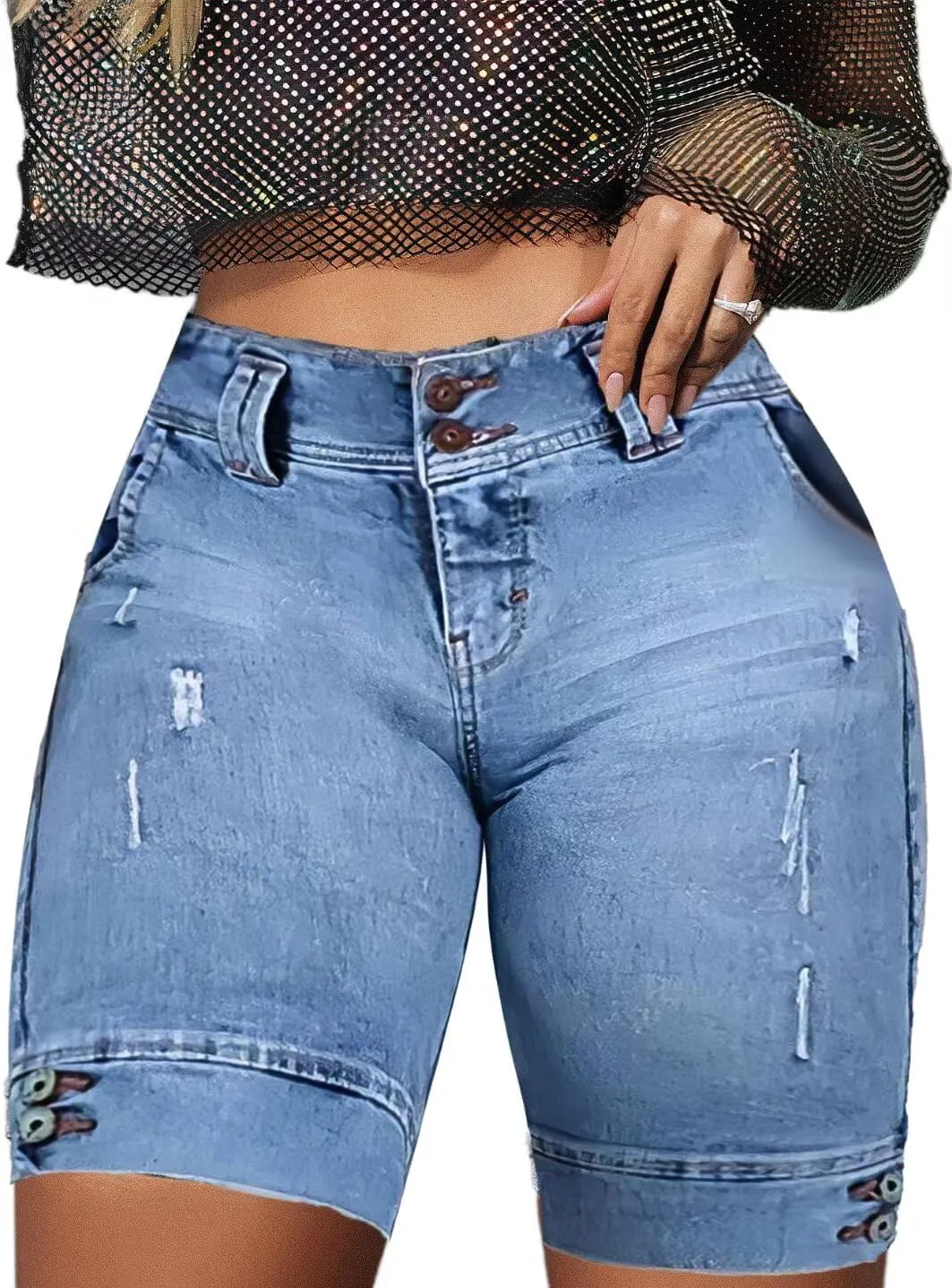 Flamingals High Waist Ripped Denim Bermuda Shorts for Women - Butt Lifting Skinny Shorts