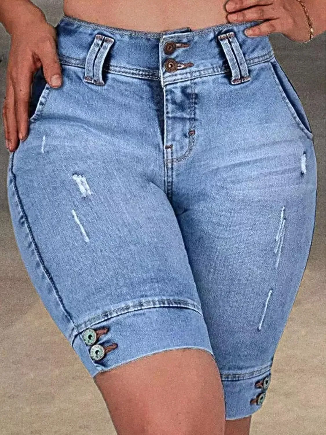 Flamingals High Waist Ripped Denim Bermuda Shorts for Women - Butt Lifting Skinny Shorts