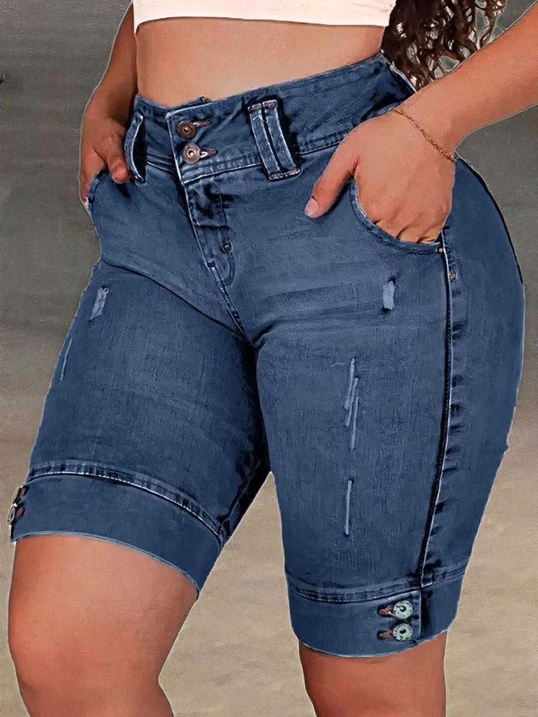 Flamingals High Waist Ripped Denim Bermuda Shorts for Women - Butt Lifting Skinny Shorts