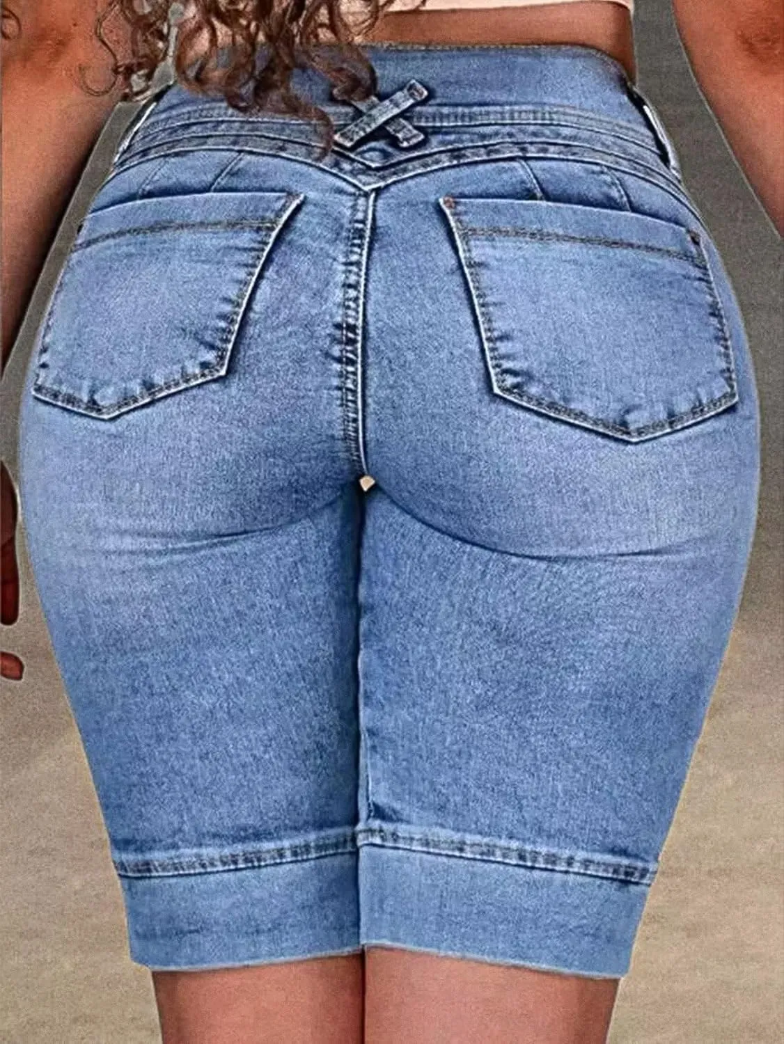 Flamingals High Waist Ripped Denim Bermuda Shorts for Women - Butt Lifting Skinny Shorts