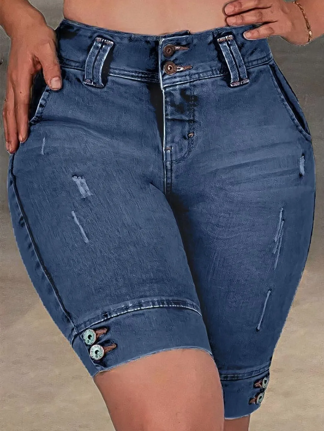Flamingals High Waist Ripped Denim Bermuda Shorts for Women - Butt Lifting Skinny Shorts