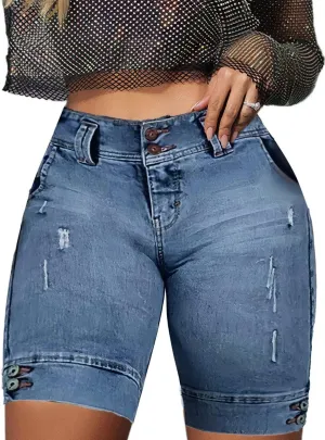 Flamingals High Waist Ripped Denim Bermuda Shorts for Women - Butt Lifting Skinny Shorts