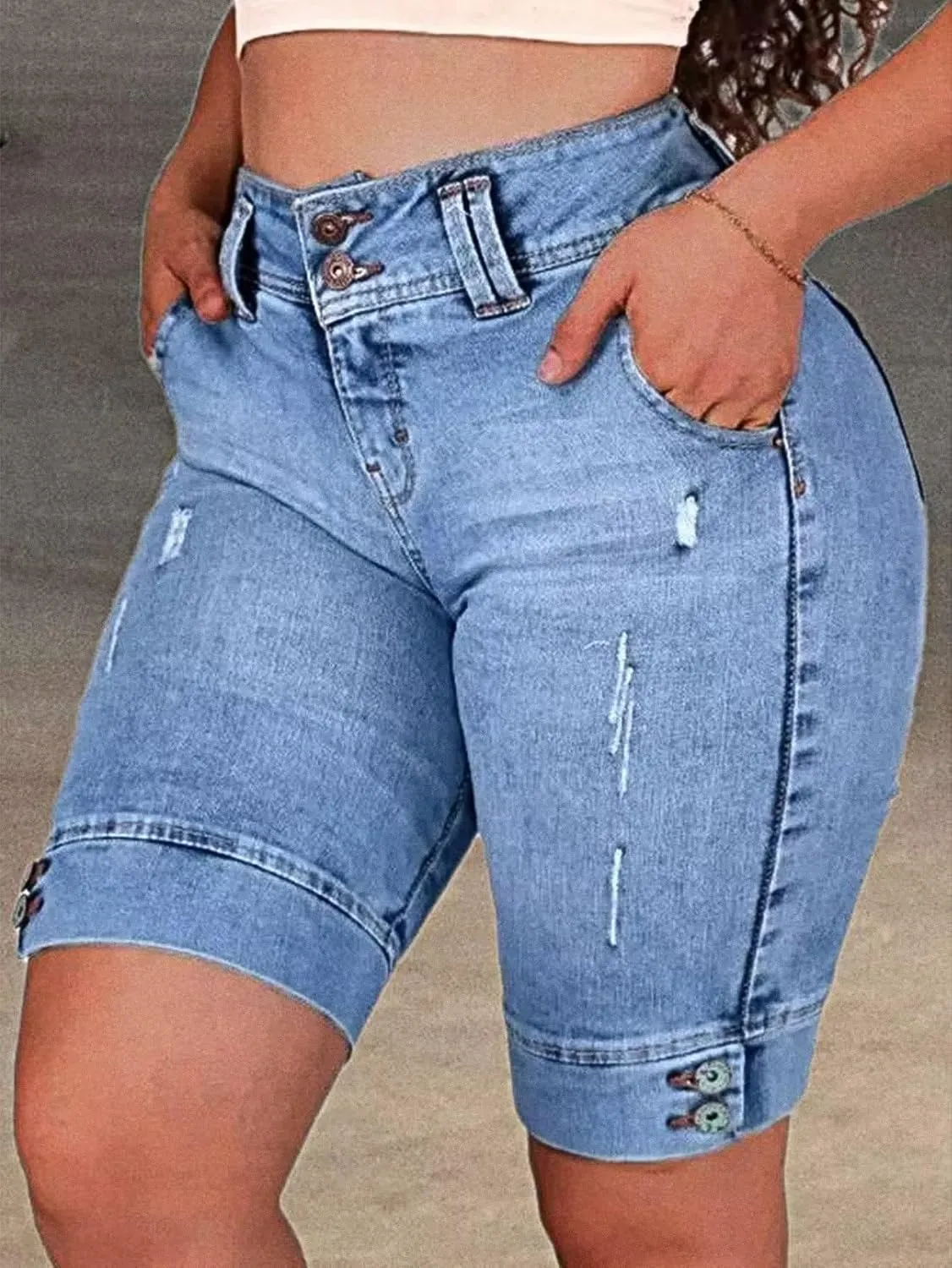 Flamingals High Waist Ripped Denim Bermuda Shorts for Women - Butt Lifting Skinny Shorts
