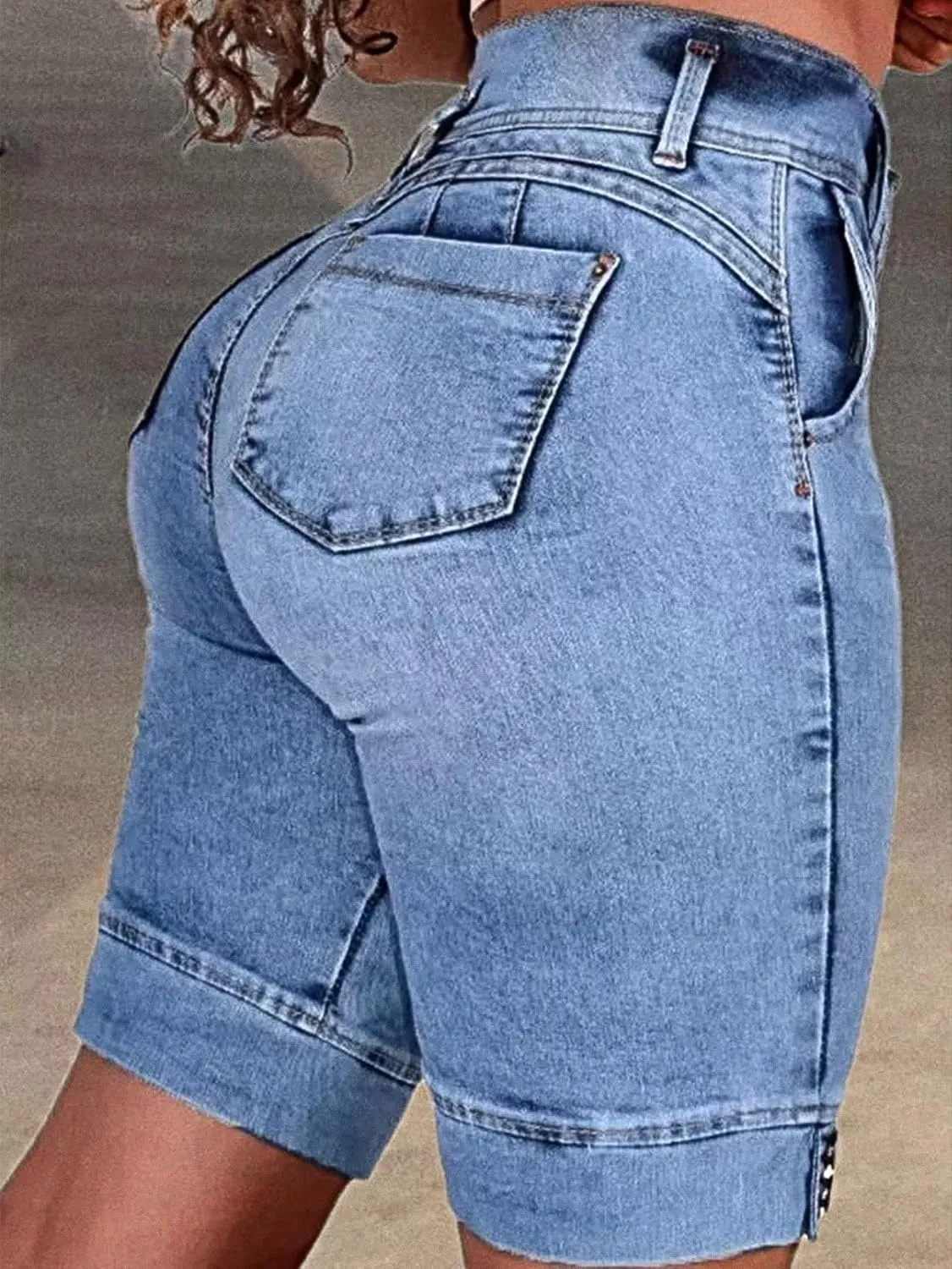 Flamingals High Waist Ripped Denim Bermuda Shorts for Women - Butt Lifting Skinny Shorts