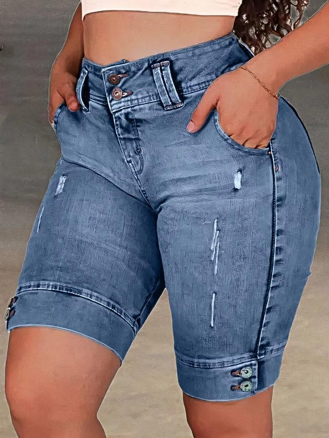 Flamingals High Waist Ripped Denim Bermuda Shorts for Women - Butt Lifting Skinny Shorts