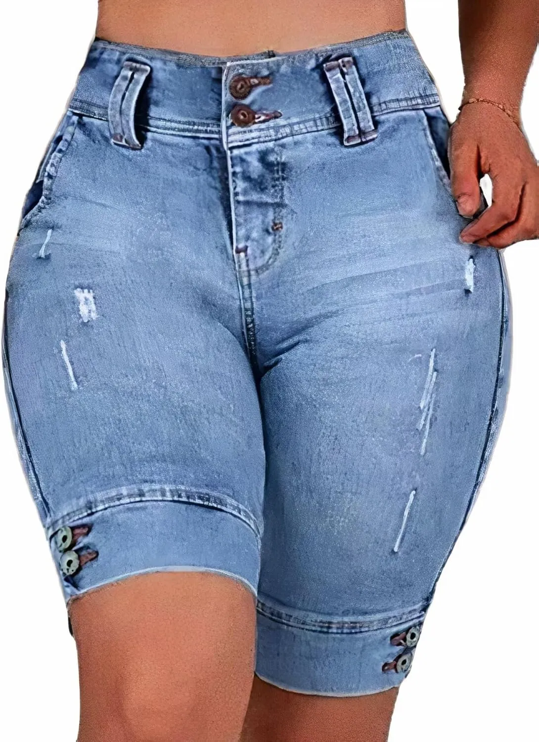 Flamingals High Waist Ripped Denim Bermuda Shorts for Women - Butt Lifting Skinny Shorts
