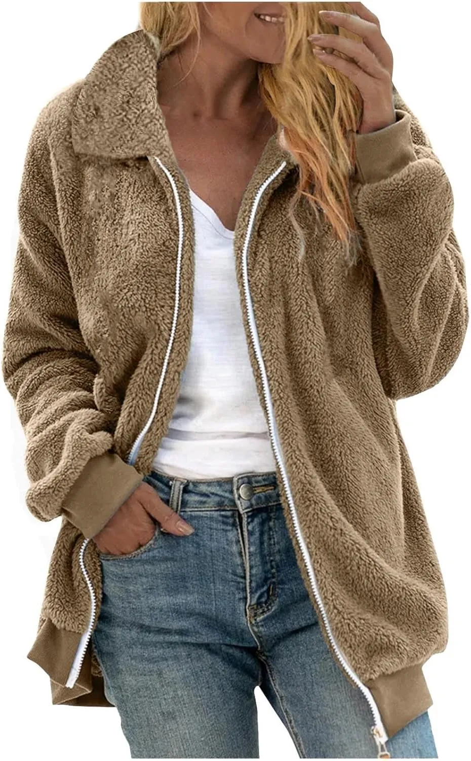 Fleece Jacket for Women Winter Warm Zip Up Stand Collar Coat Fluffy Sherpa Outerwear with Pockets