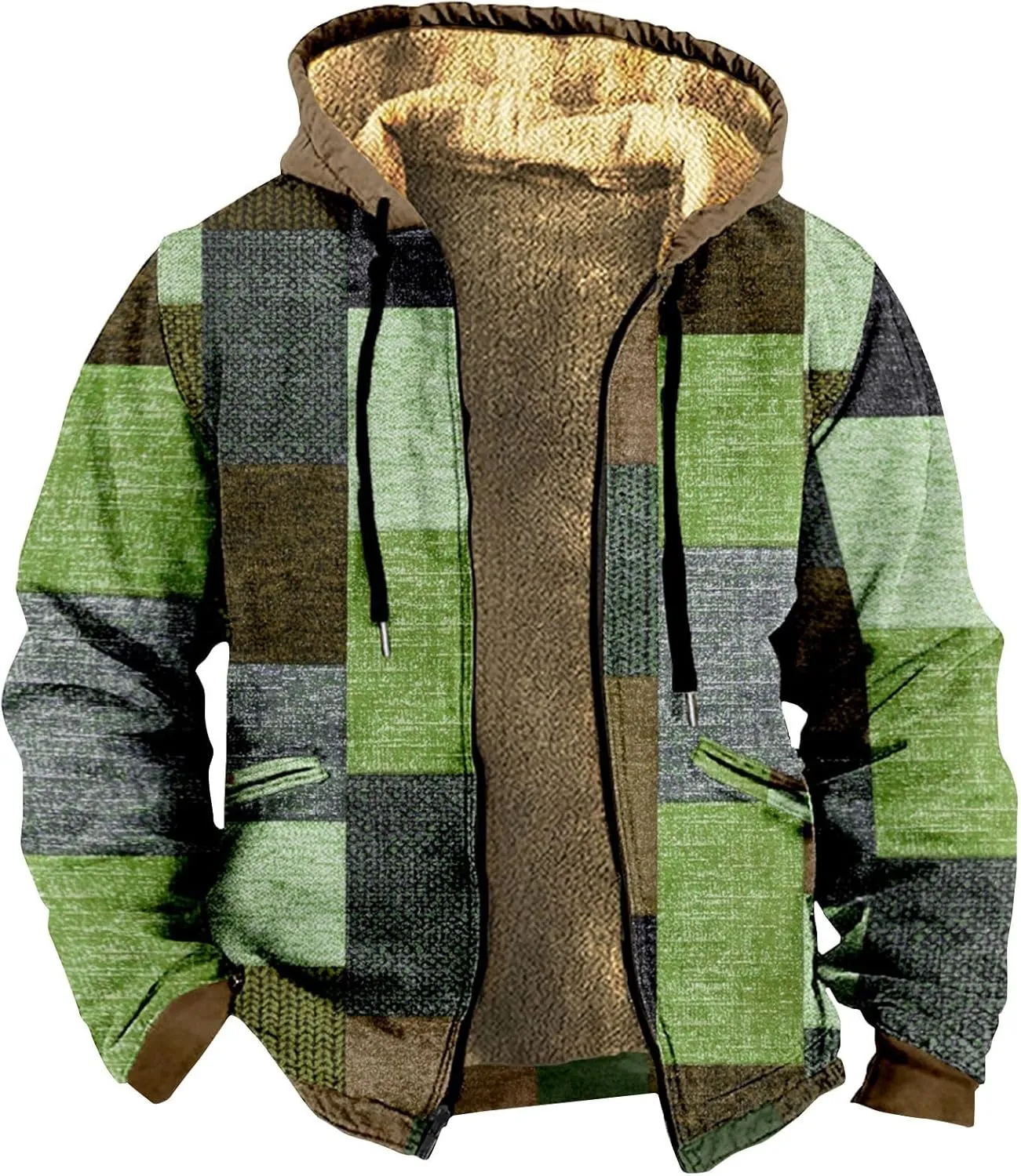 Fleece Lined Men Jackets Full Zip Up Hoodies Winter Fashion Warm Jacket with Pocket Thicken Fuzzy Coats