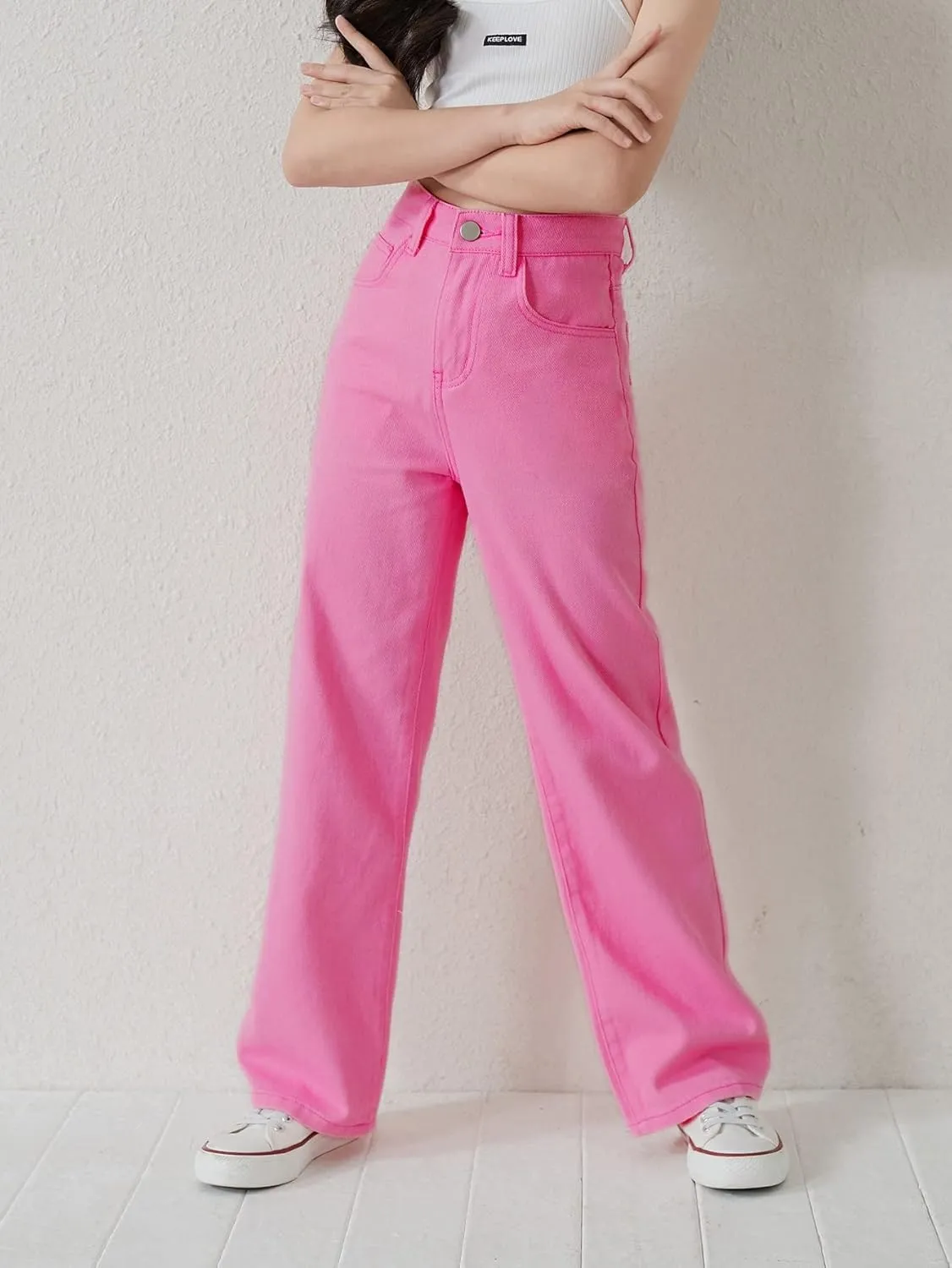 Floerns Girls Colorblock High Waist Ripped Jeans Destroyed Denim Pants
