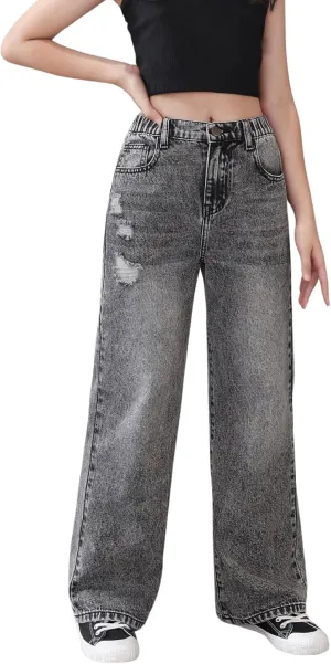 Floerns Girls Colorblock High Waist Ripped Jeans Destroyed Denim Pants