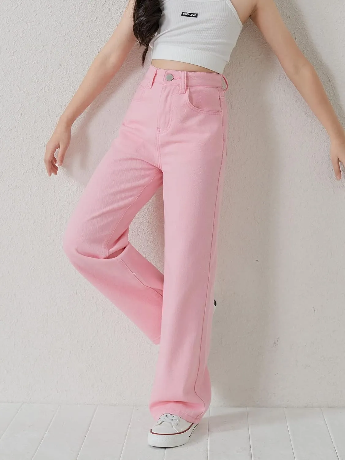 Floerns Girls Colorblock High Waist Ripped Jeans Destroyed Denim Pants