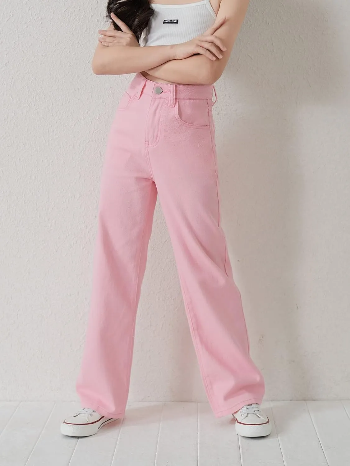 Floerns Girls Colorblock High Waist Ripped Jeans Destroyed Denim Pants