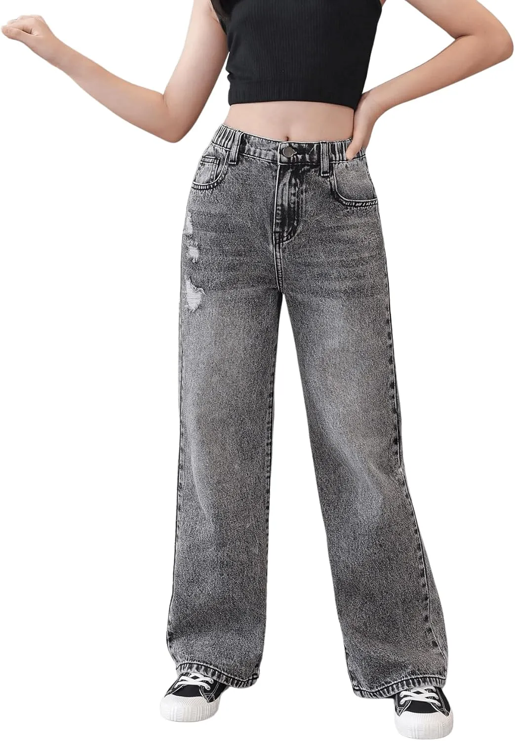 Floerns Girls Colorblock High Waist Ripped Jeans Destroyed Denim Pants