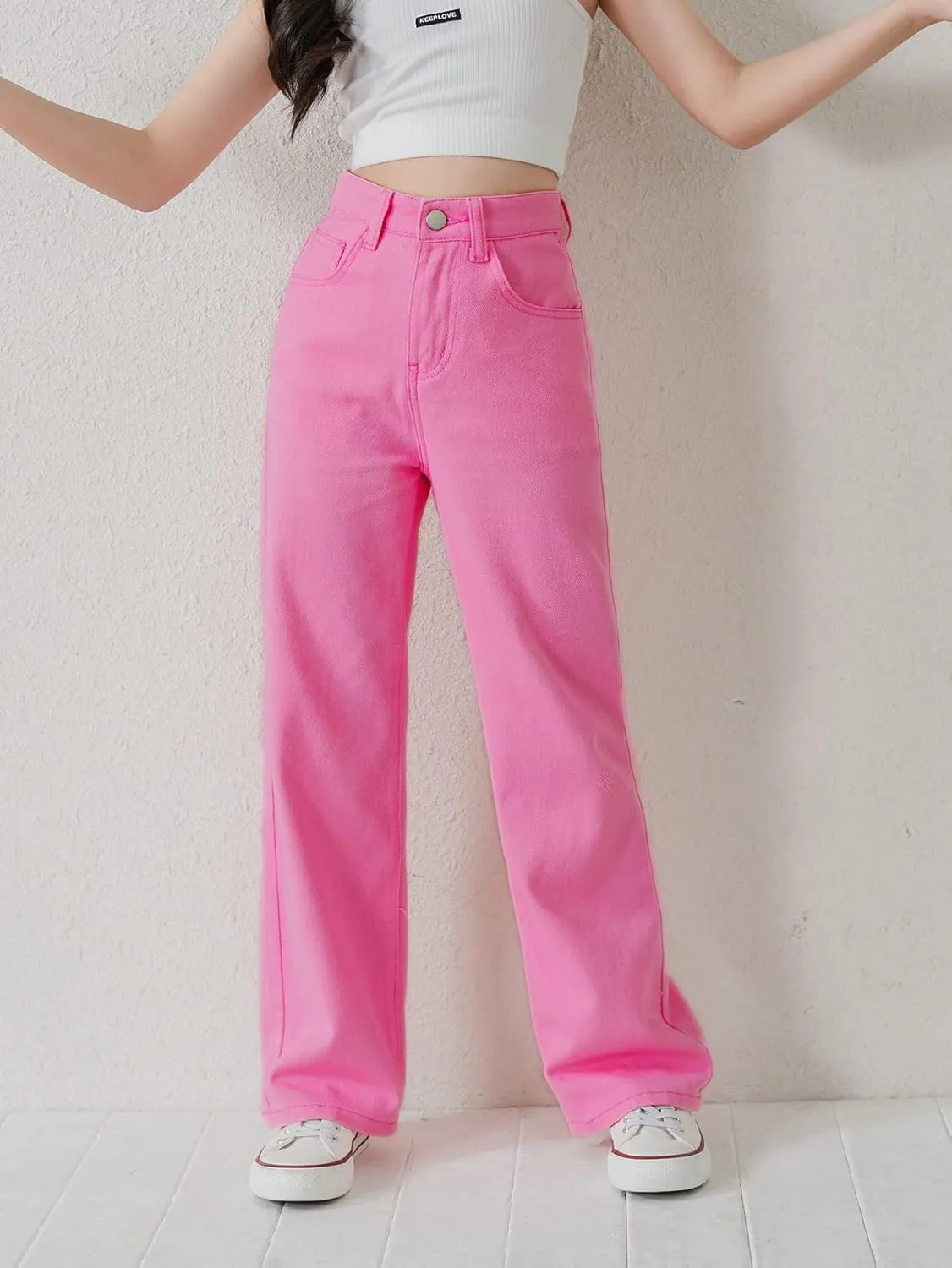 Floerns Girls Colorblock High Waist Ripped Jeans Destroyed Denim Pants