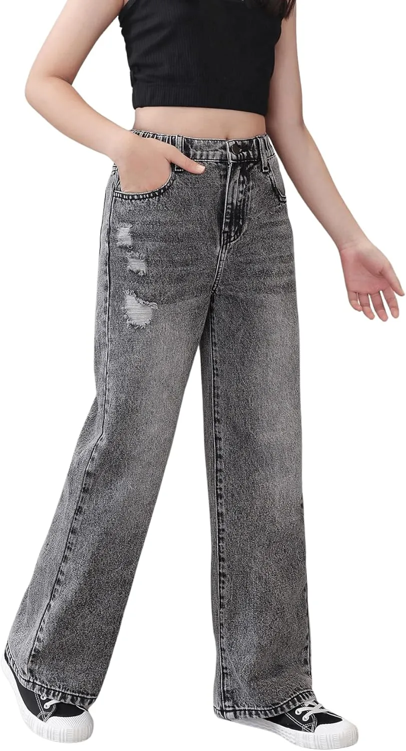 Floerns Girls Colorblock High Waist Ripped Jeans Destroyed Denim Pants