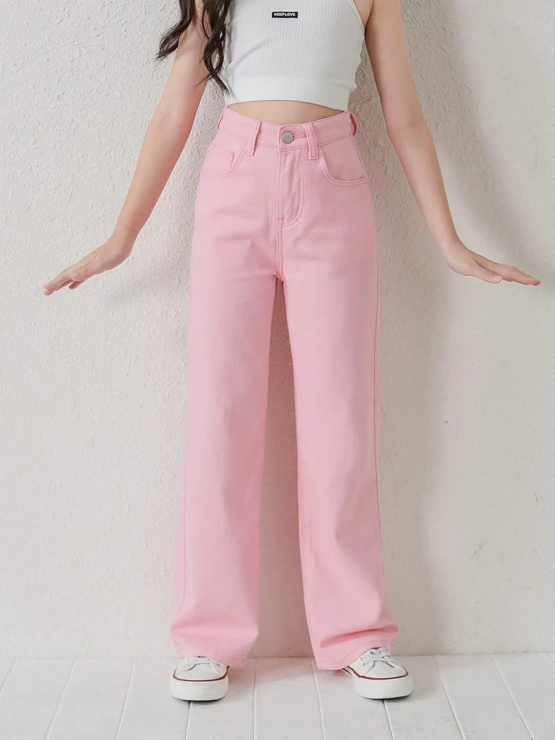 Floerns Girls Colorblock High Waist Ripped Jeans Destroyed Denim Pants