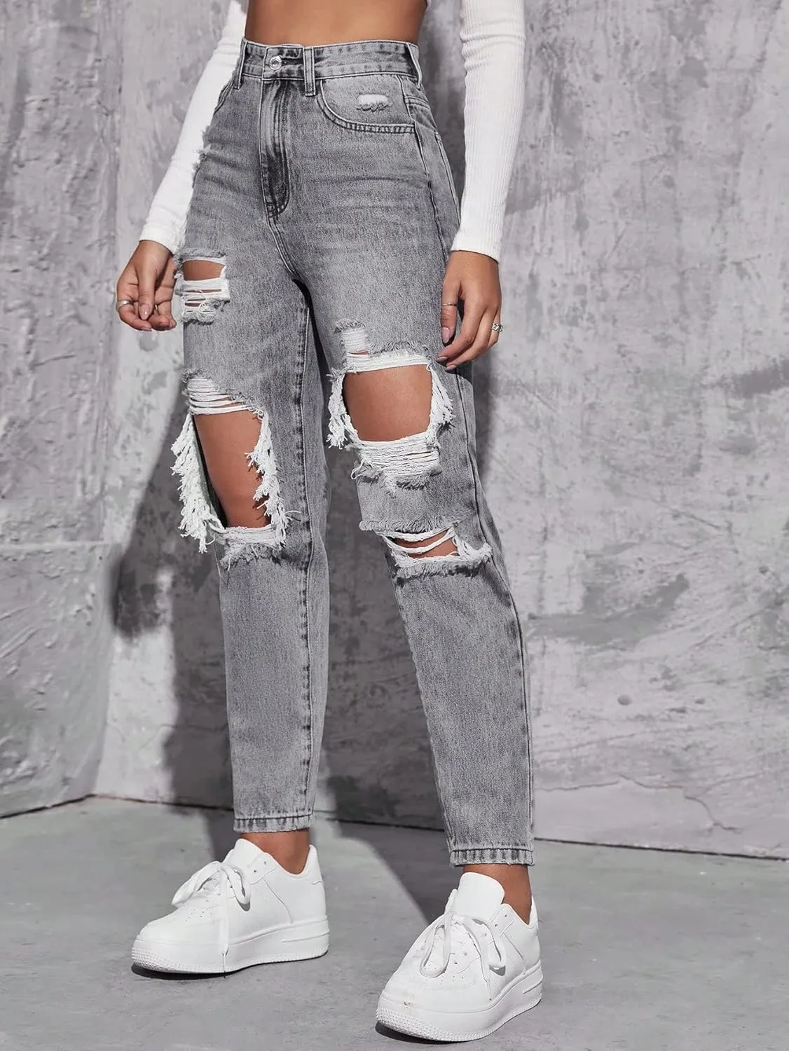 Floerns Women's High Waist Boyfriend Straight Leg Ripped Jeans Distressed Denim Pants Grey