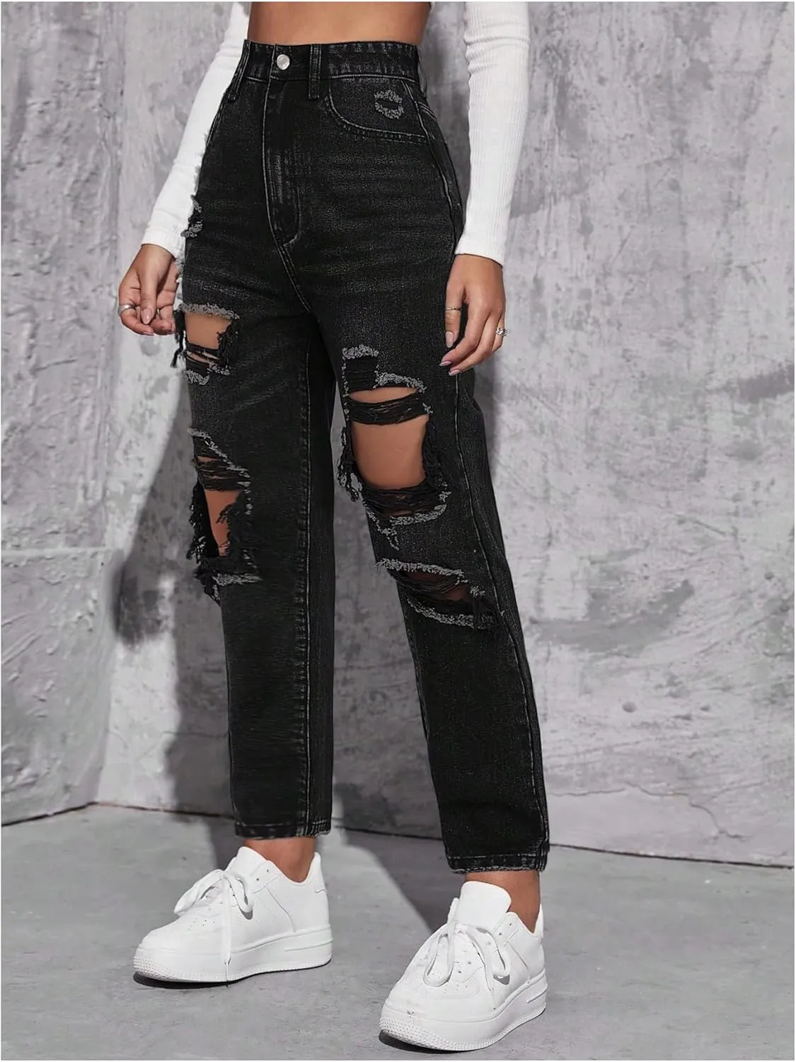 Floerns Women's High Waist Boyfriend Straight Leg Ripped Jeans Distressed Denim Pants Grey