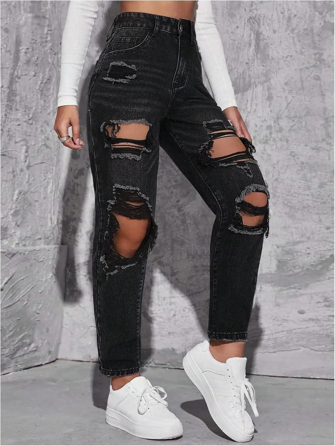 Floerns Women's High Waist Boyfriend Straight Leg Ripped Jeans Distressed Denim Pants Grey