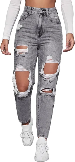 Floerns Women's High Waist Boyfriend Straight Leg Ripped Jeans Distressed Denim Pants Grey