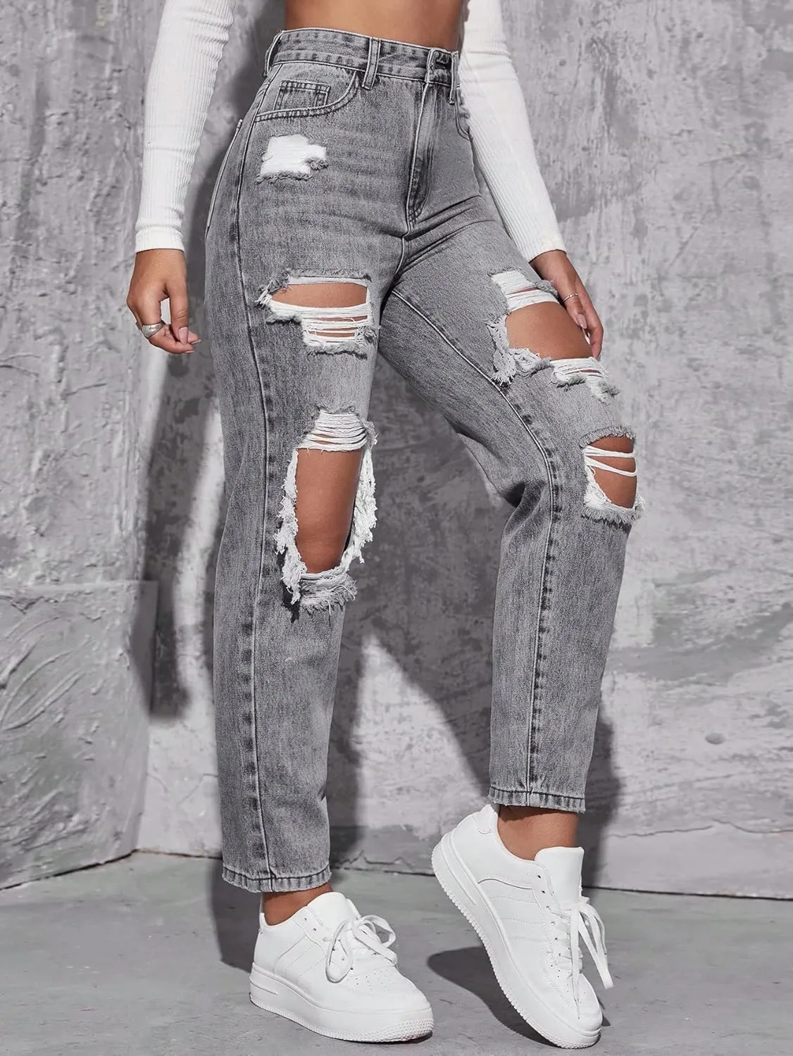 Floerns Women's High Waist Boyfriend Straight Leg Ripped Jeans Distressed Denim Pants Grey