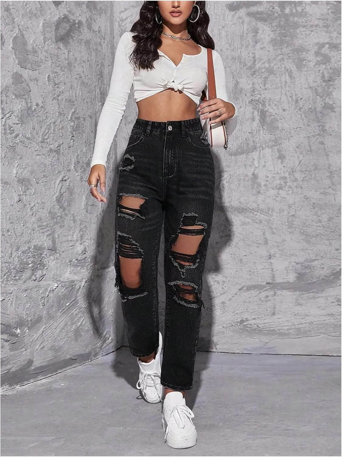 Floerns Women's High Waist Boyfriend Straight Leg Ripped Jeans Distressed Denim Pants Grey
