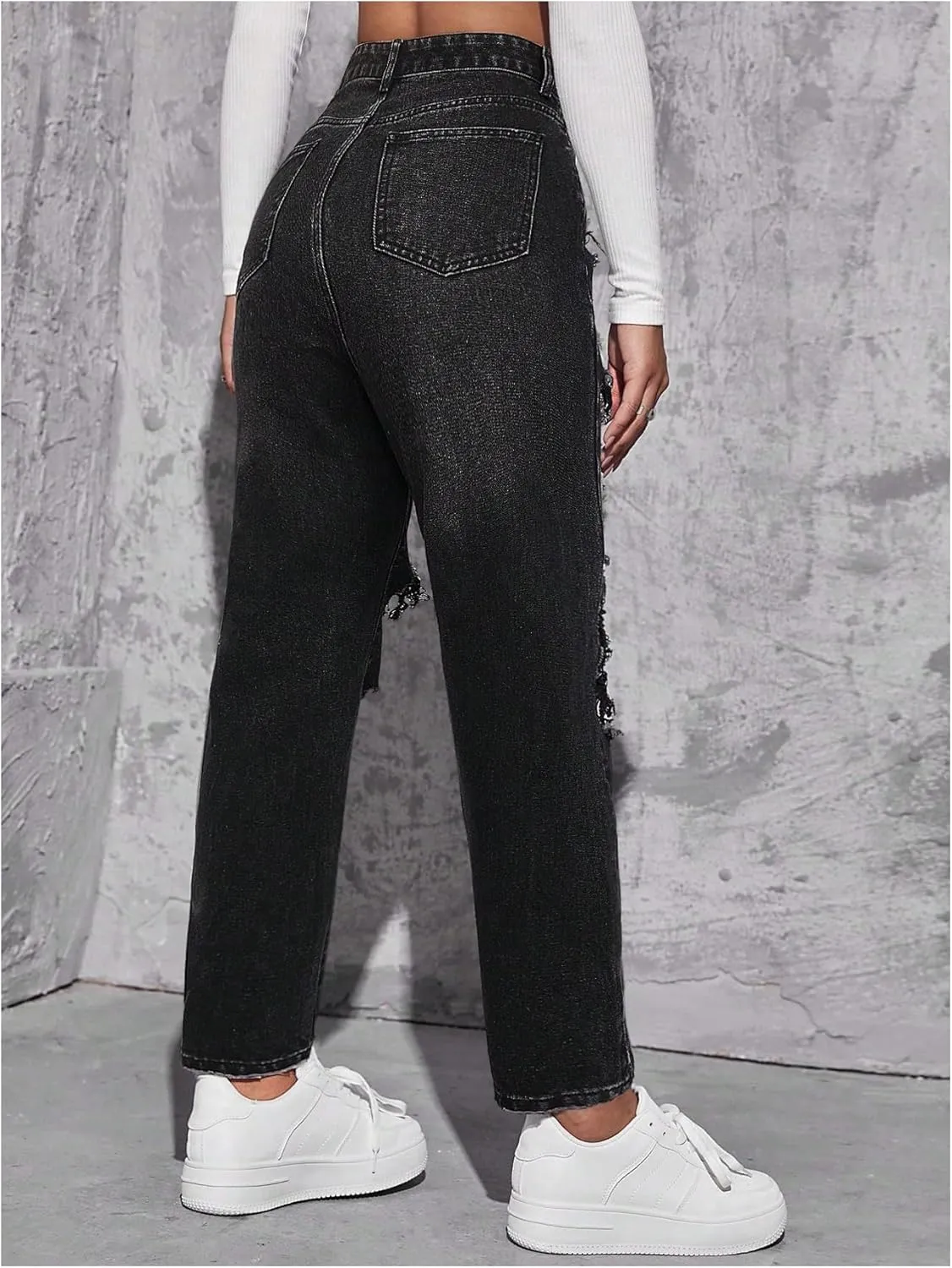 Floerns Women's High Waist Boyfriend Straight Leg Ripped Jeans Distressed Denim Pants Grey