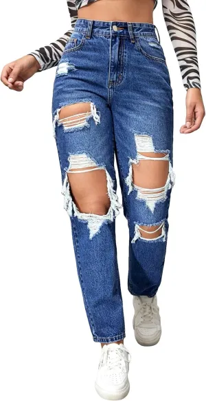 Floerns Women's High Waist Boyfriend Straight Leg Ripped Jeans Distressed Denim Pants Grey
