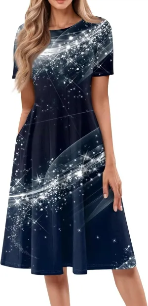 Floral Dress for Women Short Sleeve Summer A Line Dresses Smocked Casual Dresses Crew Neck Midi Dress with Pockets