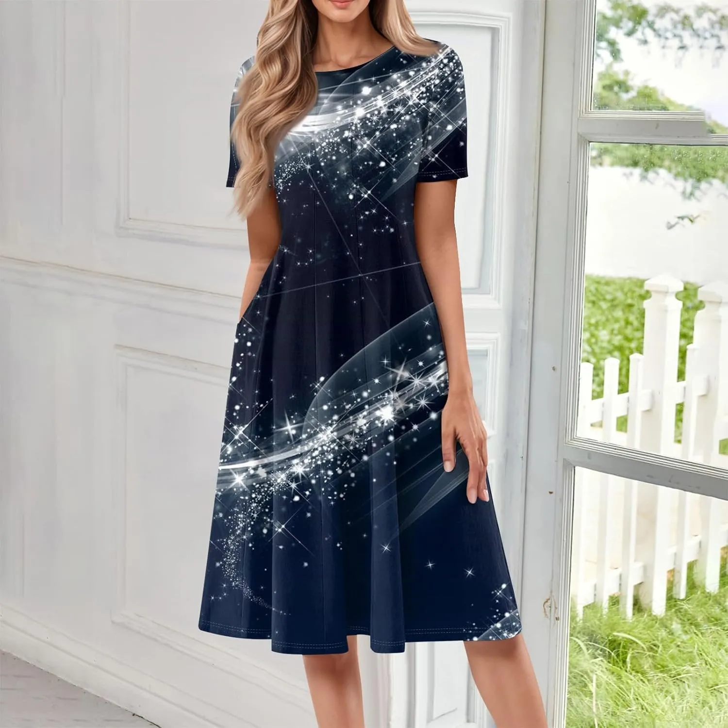 Floral Dress for Women Short Sleeve Summer A Line Dresses Smocked Casual Dresses Crew Neck Midi Dress with Pockets