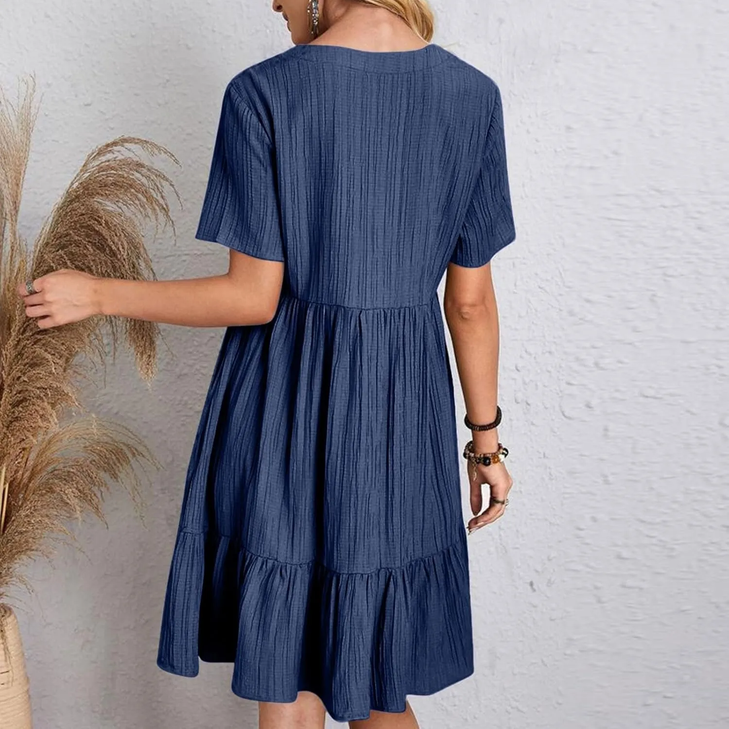 Flowy Dresses for Women 2025 Summer Short Sleeve Beach Dress Ruffle Tiered Layered A-Line Sundress Travel Boho Dress