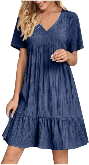 Flowy Dresses for Women 2025 Summer Short Sleeve Beach Dress Ruffle Tiered Layered A-Line Sundress Travel Boho Dress