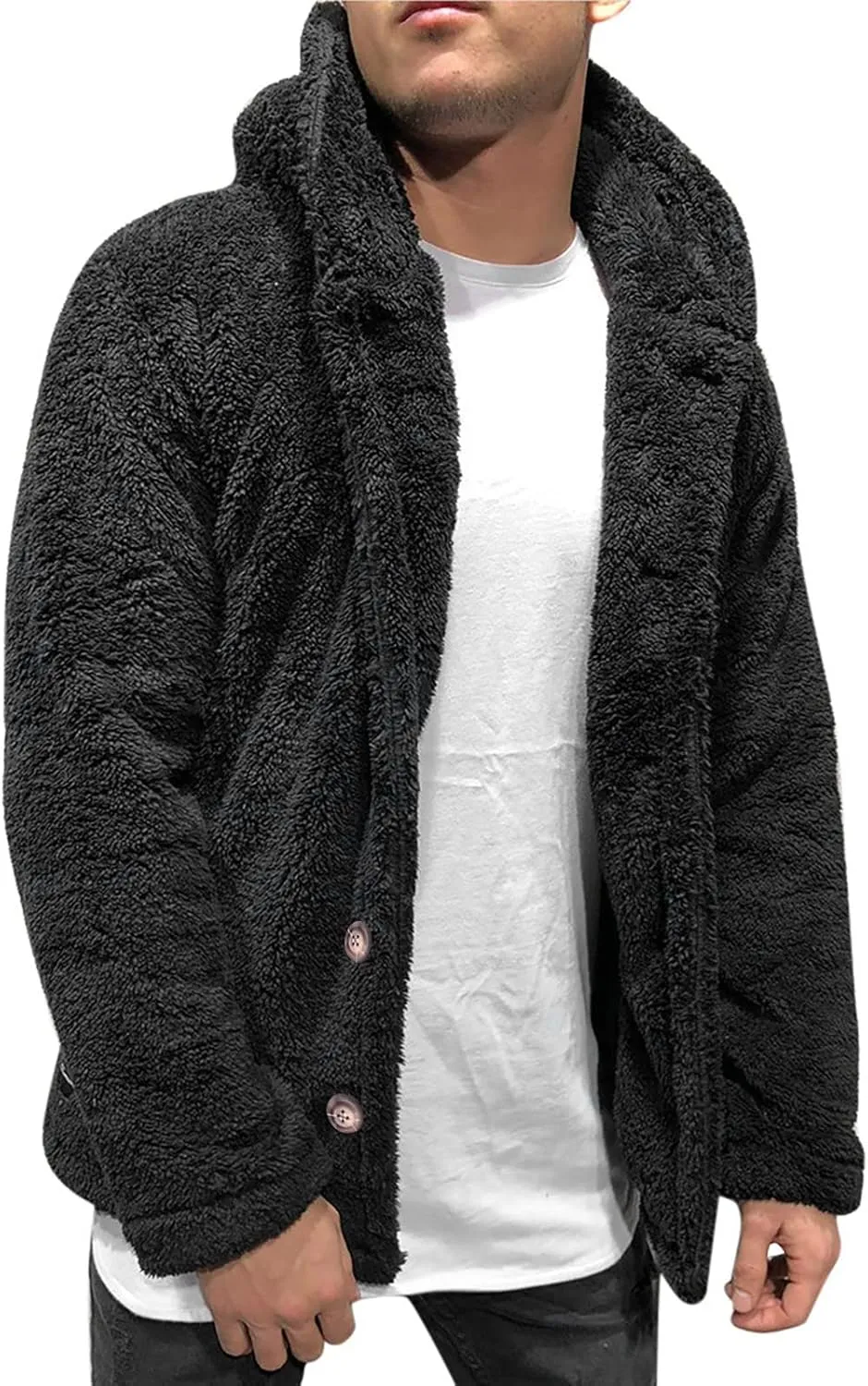 Fuzzy Hoodies Jacket for Men Winter Warm Open Front Fleece Coats Casual Button Down Hooded Outwear Jackets
