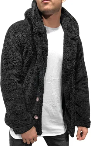 Fuzzy Hoodies Jacket for Men Winter Warm Open Front Fleece Coats Casual Button Down Hooded Outwear Jackets