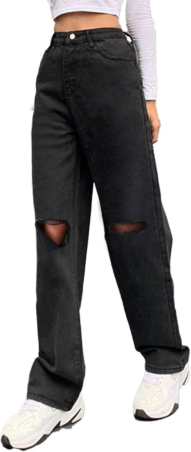 Genleck Women Loose Ripped Boyfriends Jeans High Waist Baggy Denim Pants Distressed Wide Leg Jeans Y2K