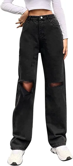 Genleck Women Loose Ripped Boyfriends Jeans High Waist Baggy Denim Pants Distressed Wide Leg Jeans Y2K