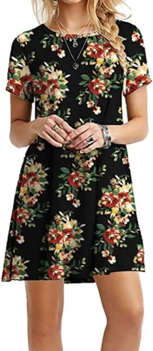 GRASWE Womens Casual Tunic T-Shirt Dress Short Sleeve Hot Pure Color Floral Dress
